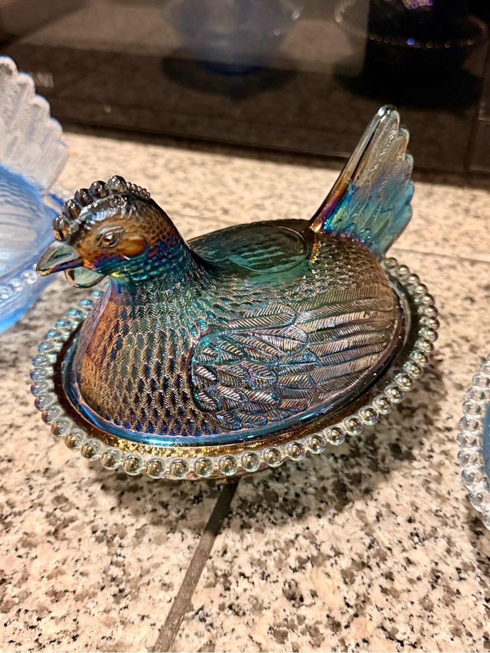 Iridescent Blue Carnival Glass Hen on Nest Covered Dish -
